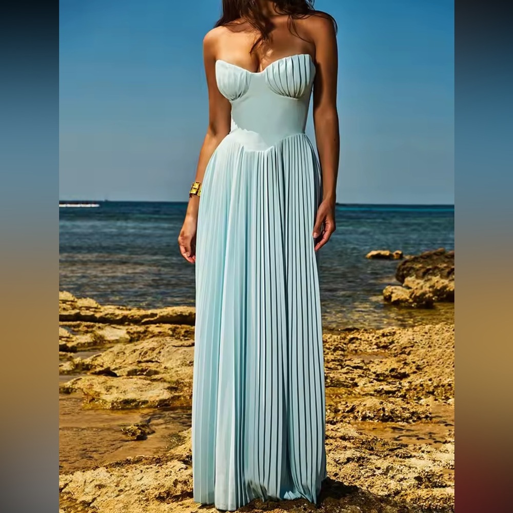 Elegant Light Blue Pleated Dress